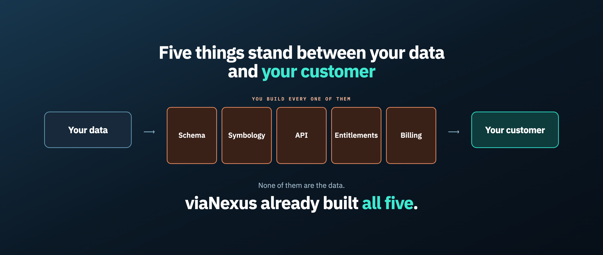 Five pieces of infrastructure that sit between a raw market data feed and a paying customer: schema and normalization, symbology resolution, API platform, entitlement engine, and billing and storefront. Shown as build-it-yourself against already built on viaNexus.