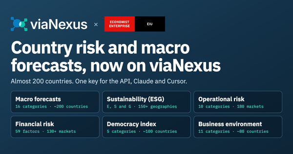 viaNexus and Economist Enterprise EIU logos with the six EIU products now available on viaNexus.